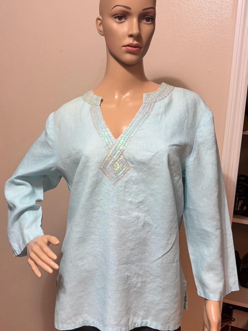 JM Collection 100% Linen Tunic/Dashiki Top w/Embellished Neckline